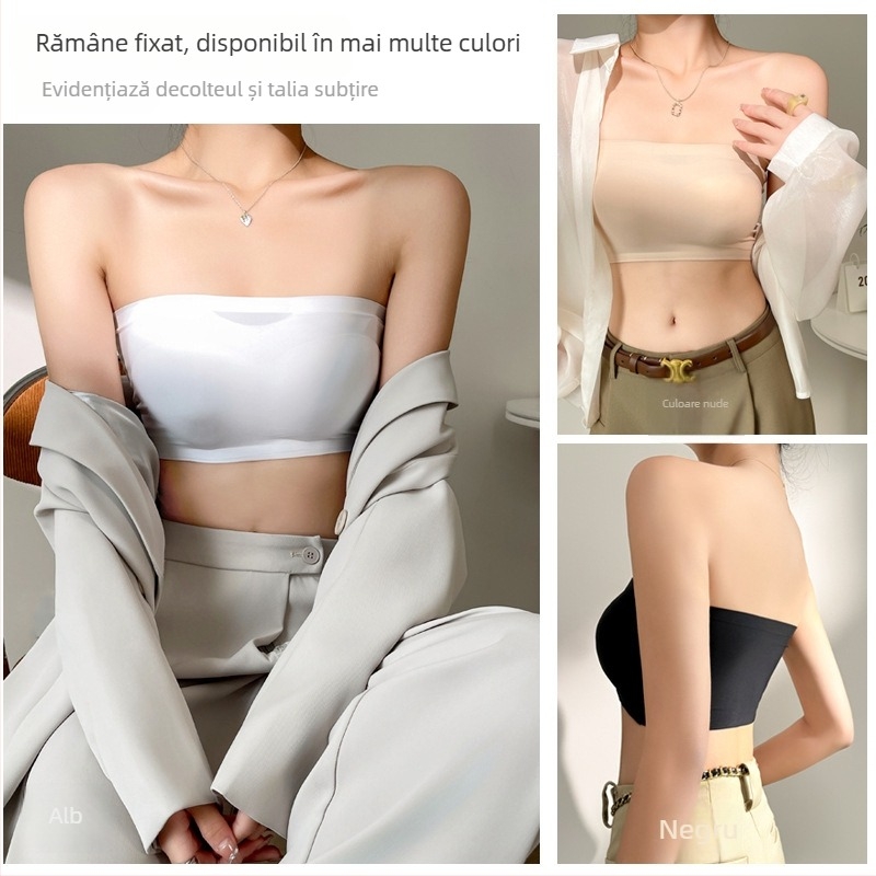 Bustier fără bretele cu Cupă completă fixă; cupă modelată: superioară subțire / inferioară groasă; 80–90% nylon; funcții: strângere, anti-derapare, confortabil