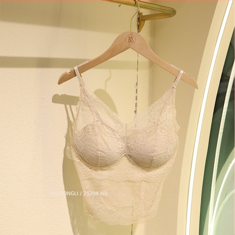 Camisolă din nylon, dantelată, stil franțuzesc, cu cupă subțire 3/4 și sutien încorporat, spate frumos