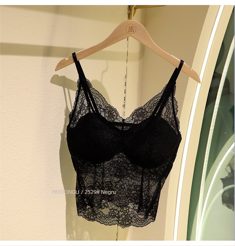 Camisolă din nylon, dantelată, stil franțuzesc, cu cupă subțire 3/4 și sutien încorporat, spate frumos