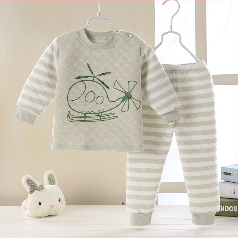 Set de lenjerie termică pentru copii din bumbac, trei straturi, căptușeală groasă, guler rotund, imprimeu cu animale desen animate, toamnă-iarnă