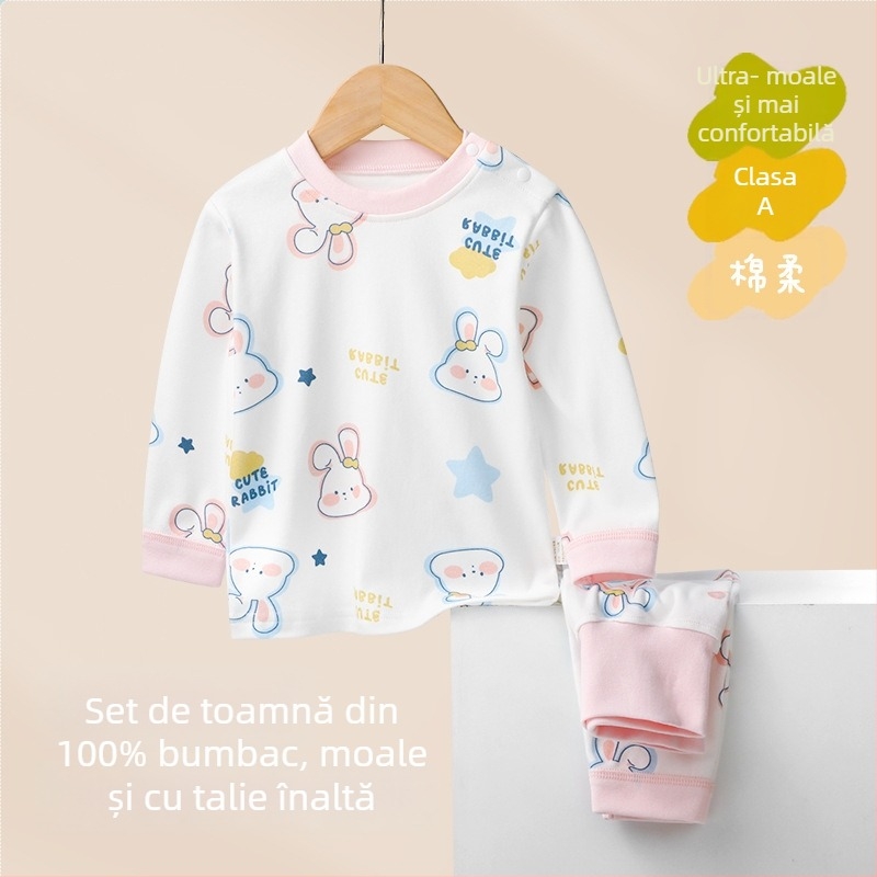 Set pentru copii: Top și pantaloni de toamnă din 100% bumbac, talie înaltă, haine calde de interior pentru sugari și copii 1–3 ani