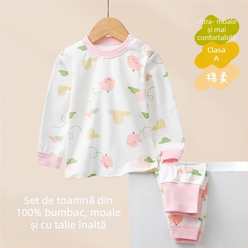 Set pentru copii: Top și pantaloni de toamnă din 100% bumbac, talie înaltă, haine calde de interior pentru sugari și copii 1–3 ani