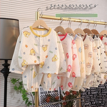 Set de homewear pentru copii, mâneci lungi și pantaloni lungi, poliester, țesătură subțire, imprimeu desene animate, pentru vârsta 1–3 ani, vară 2025