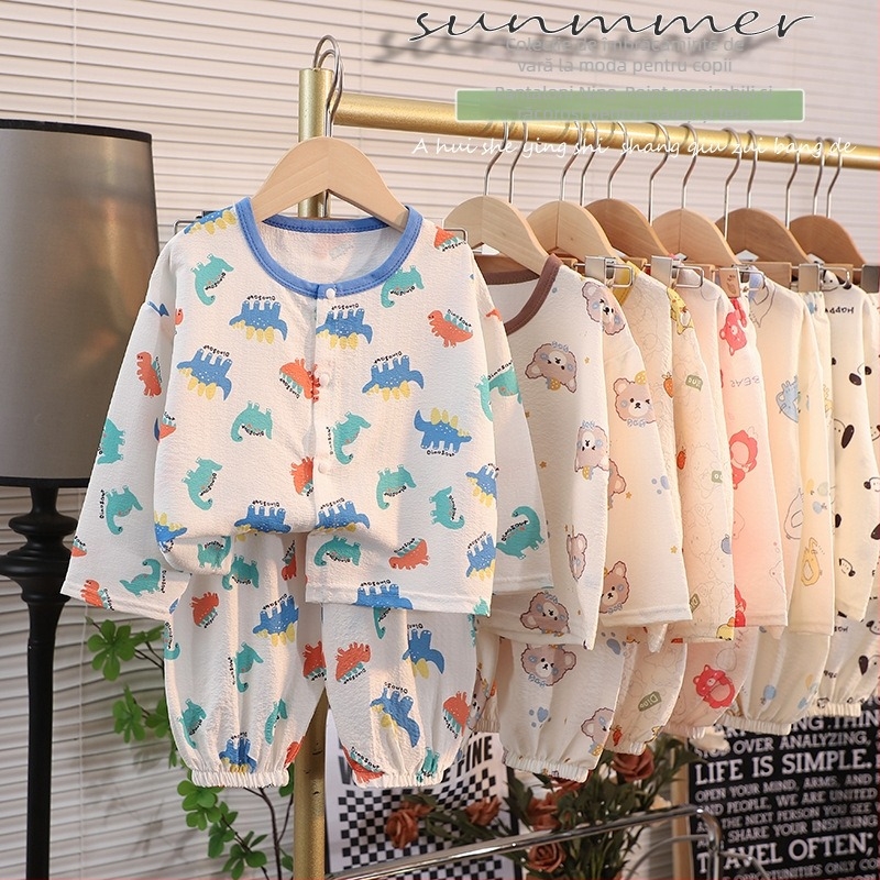 Set de homewear pentru copii, mâneci lungi și pantaloni lungi, poliester, țesătură subțire, imprimeu desene animate, pentru vârsta 1–3 ani, vară 2025