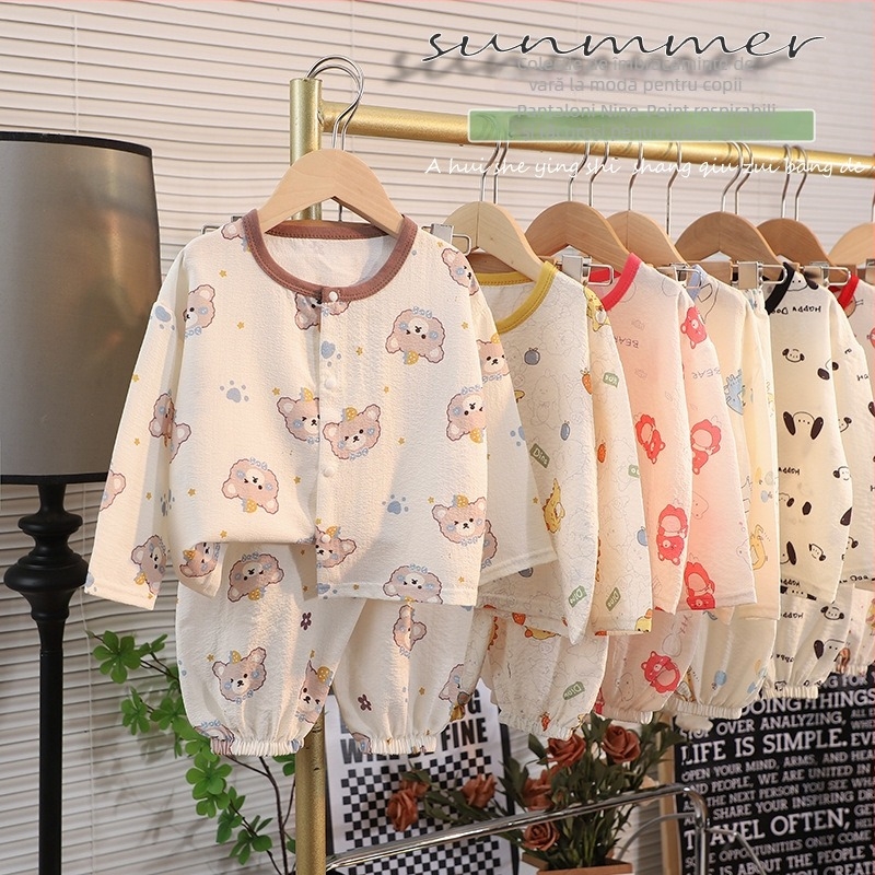 Set de homewear pentru copii, mâneci lungi și pantaloni lungi, poliester, țesătură subțire, imprimeu desene animate, pentru vârsta 1–3 ani, vară 2025