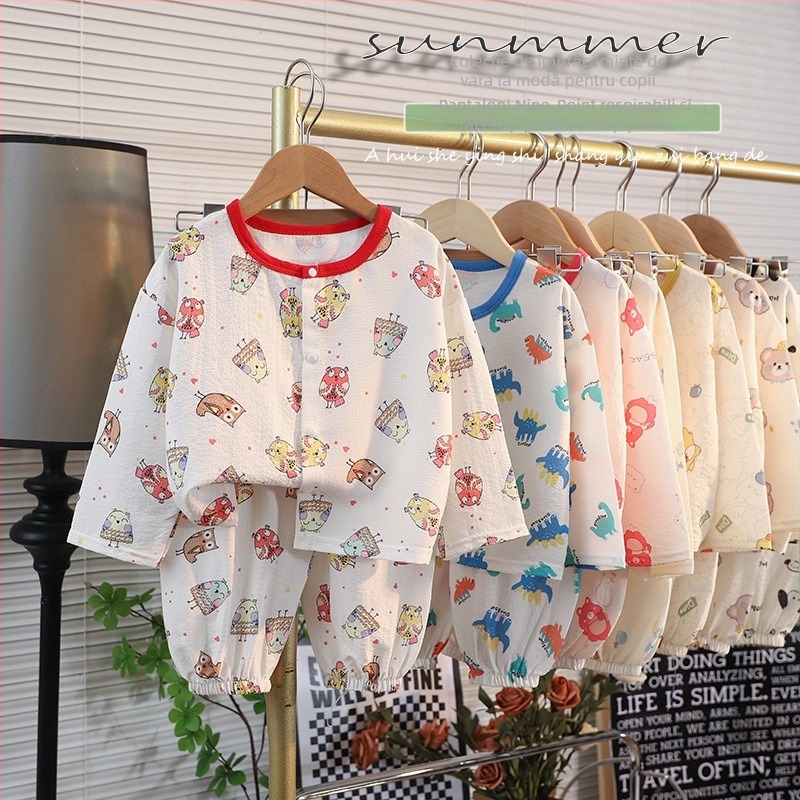 Set de homewear pentru copii, mâneci lungi și pantaloni lungi, poliester, țesătură subțire, imprimeu desene animate, pentru vârsta 1–3 ani, vară 2025