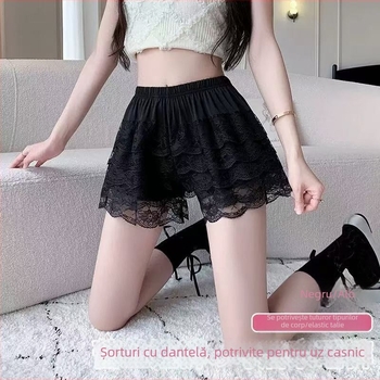 Șorturi de siguranță pentru femei, cu dantelă – anti-expunere, talie medie, căptușeală din ice silk, 93% poliester, țesătură cu împletire simplă