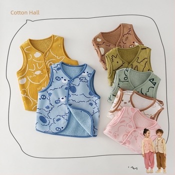 Vestă pentru copii din poliester cu căptușeală fleece, închidere cu nasturi pe un rând, model Cartoon, pentru copii de 3-8 ani