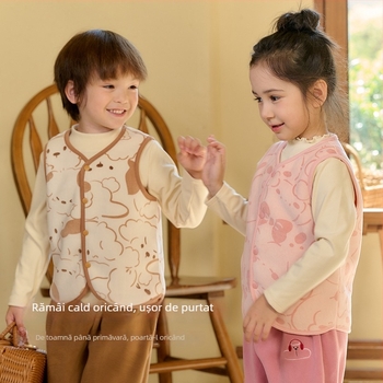 Vestă pentru copii din poliester cu căptușeală fleece, închidere cu nasturi pe un rând, model Cartoon, pentru copii de 3-8 ani