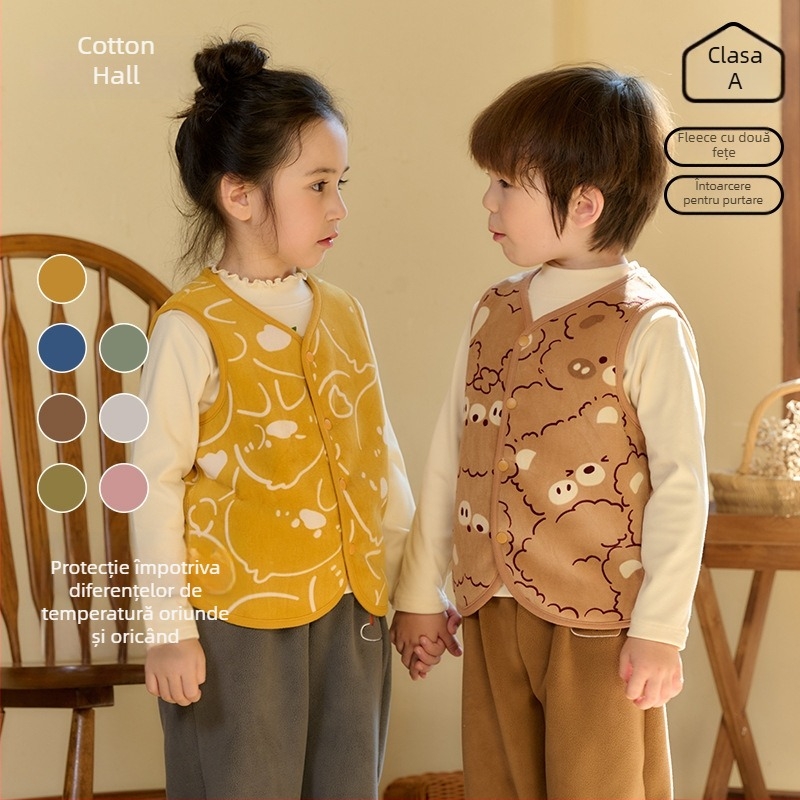 Vestă pentru copii din poliester cu căptușeală fleece, închidere cu nasturi pe un rând, model Cartoon, pentru copii de 3-8 ani
