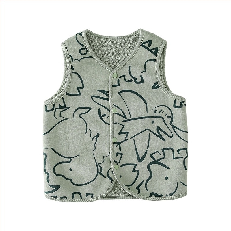 Vestă pentru copii din poliester cu căptușeală fleece, închidere cu nasturi pe un rând, model Cartoon, pentru copii de 3-8 ani