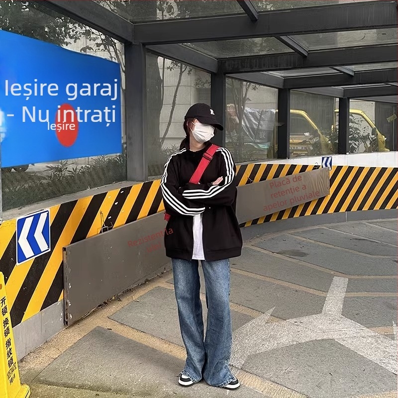 Cardigan damă cu fermoar, guler înălțat, mâneci lungi, croială lejeră, țesătură din bumbac-poliester