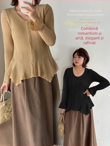 Top dama cu guler rotund și mâneci evazate, jacquard gros, poliester-elastan, Iarna 2025