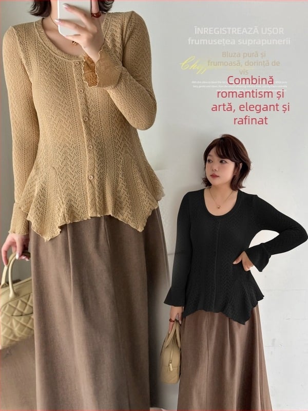 Top dama cu guler rotund și mâneci evazate, jacquard gros, poliester-elastan, Iarna 2025