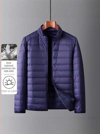 Jachetă de iarnă ușoară pentru bărbați, lungime scurtă, guler stand, fermoar; puf de rață 86–90%, putere de umplere 550