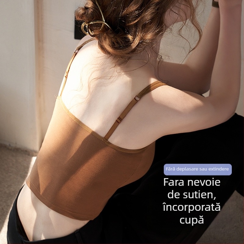 Top din bumbac pentru femei cu pernuțe pentru sân, spate în formă de U, cupă 3/4, bretele fixe duble