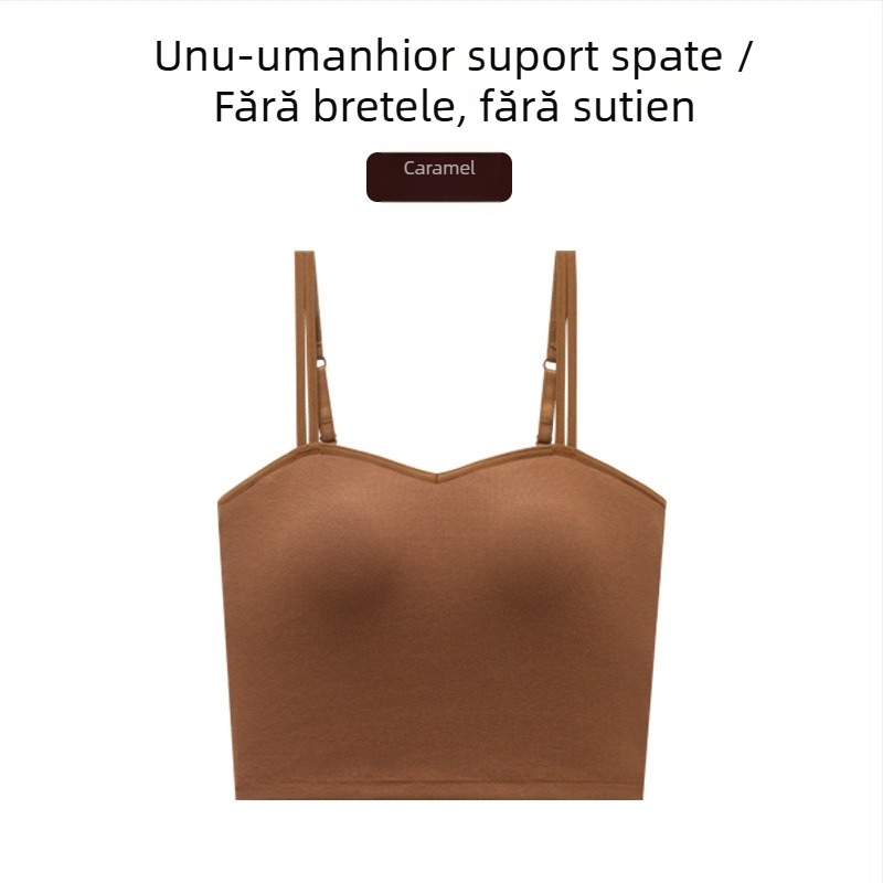 Top din bumbac pentru femei cu pernuțe pentru sân, spate în formă de U, cupă 3/4, bretele fixe duble