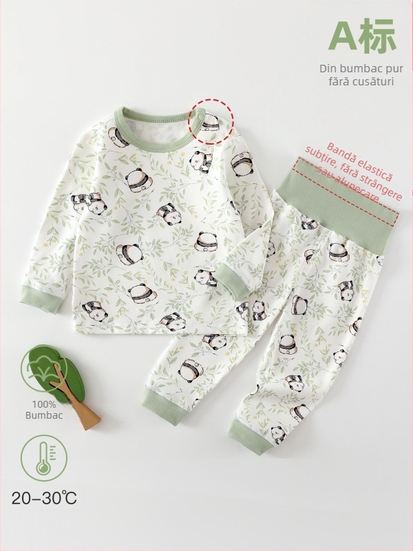 Set de lenjerie pentru bebeluși, iarnă – 2 piese, unisex, 0–12 luni, 100% bumbac, model desen animat, talie înaltă pentru protecția abdomenului, stil lejer