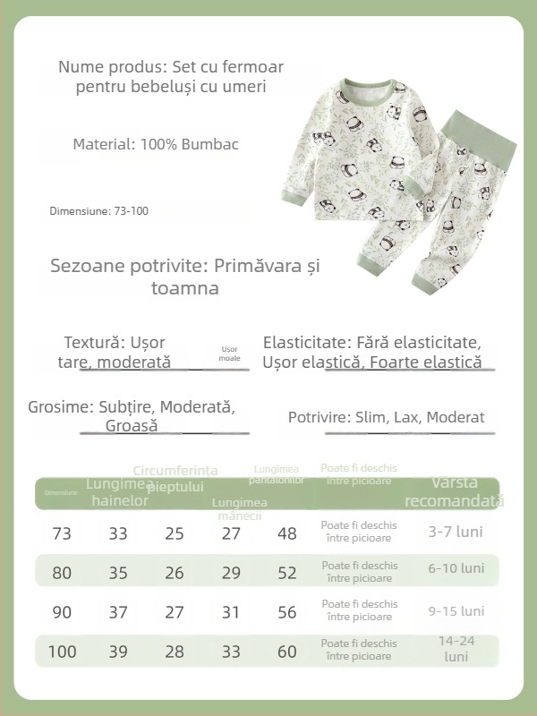 Set de lenjerie pentru bebeluși, iarnă – 2 piese, unisex, 0–12 luni, 100% bumbac, model desen animat, talie înaltă pentru protecția abdomenului, stil lejer