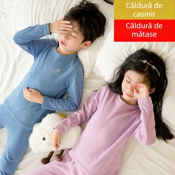 Set de lenjerie termică pentru copii - Țesătură poliester 93,9%, model Cartoon, grosime obișnuită, guler rotund, unisex, pentru copii 3–8 ani, menține căldura iarna, primăvara și toamna