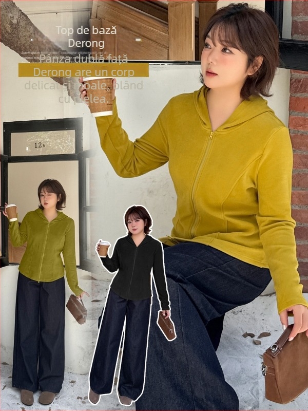 Cardigan cu glugă și fermoar; catifea dublu față; amestec viscose-acril; iarna 2025; stil japonez-coreean lejer.