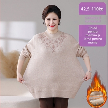 Pulover din fleece pentru iarnă, croială lejeră, mâneci lungi, guler semi-turtleneck, lungime medie 65-80 cm, broderie; țesătură TR, PVC <=30%, poliester <=30%