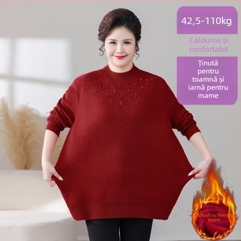 Pulover din fleece pentru iarnă, croială lejeră, mâneci lungi, guler semi-turtleneck, lungime medie 65-80 cm, broderie; țesătură TR, PVC <=30%, poliester <=30%
