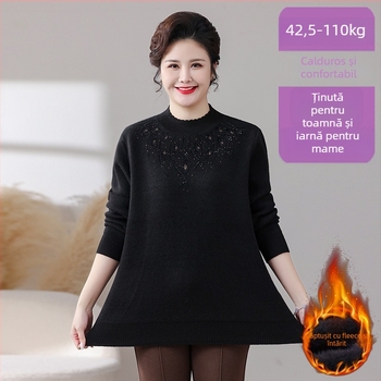 Pulover din fleece pentru iarnă, croială lejeră, mâneci lungi, guler semi-turtleneck, lungime medie 65-80 cm, broderie; țesătură TR, PVC <=30%, poliester <=30%