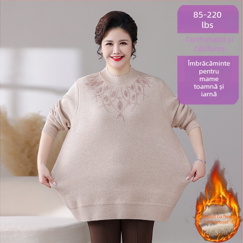 Pulover din fleece pentru iarnă, croială lejeră, mâneci lungi, guler semi-turtleneck, lungime medie 65-80 cm, broderie; țesătură TR, PVC <=30%, poliester <=30%