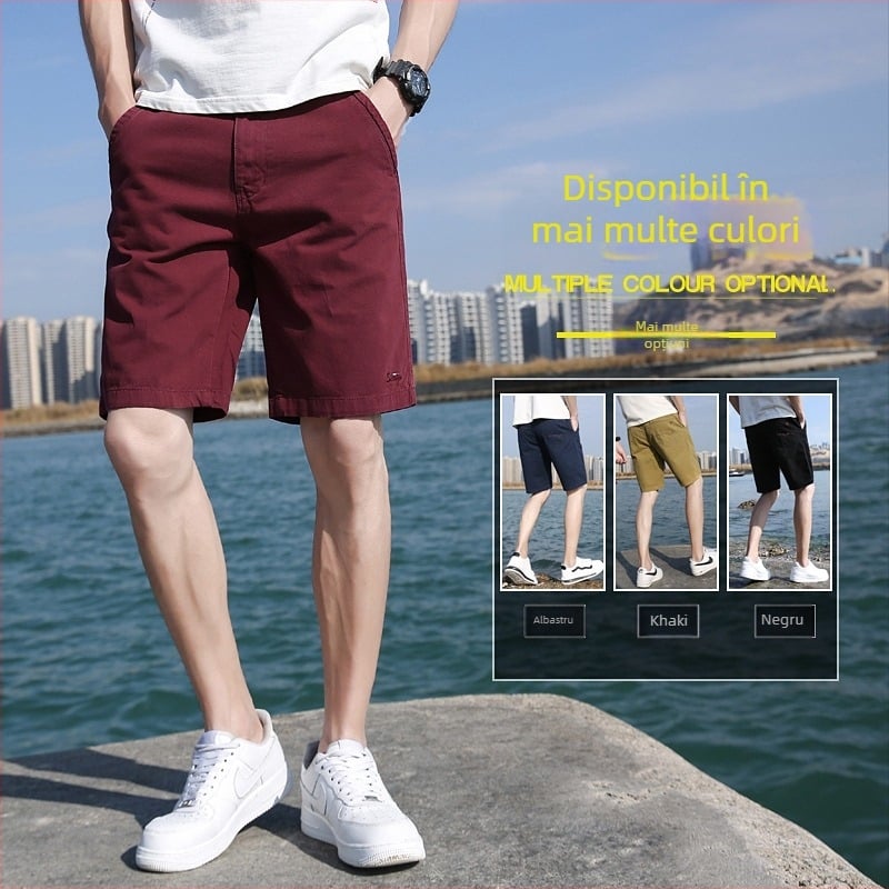 Șorturi casual din bumbac, talie medie, croială dreaptă, buzunare, stil japono-coreean de relaxare