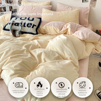 Set de lenjerie de pat din velur Milk Velvet, flanel – patru piese, vopsire reactiva, include husă de pilotă și cearșaf cu elastic