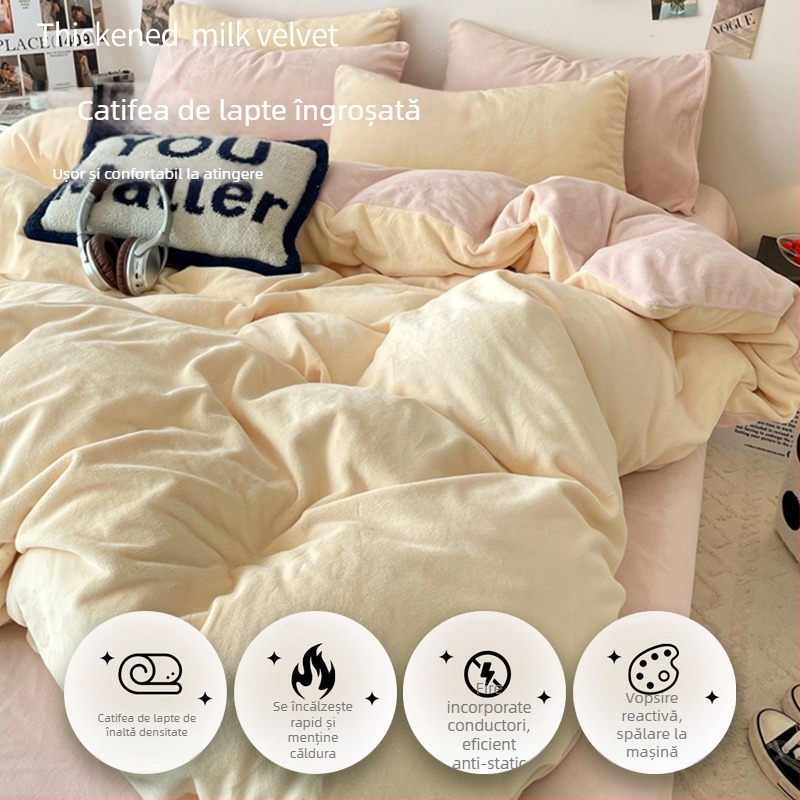 Set de lenjerie de pat din velur Milk Velvet, flanel – patru piese, vopsire reactiva, include husă de pilotă și cearșaf cu elastic
