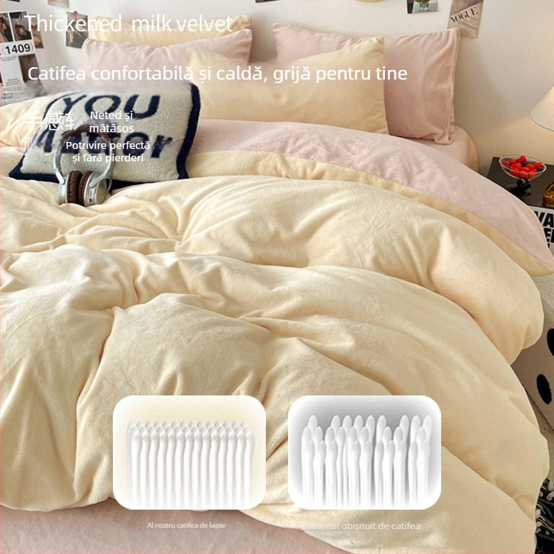 Set de lenjerie de pat din velur Milk Velvet, flanel – patru piese, vopsire reactiva, include husă de pilotă și cearșaf cu elastic