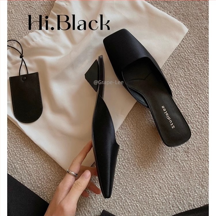 Mule din satin, vârf pătrat, toc triunghiular, talpă din cauciuc, căptușeală din piele de porc