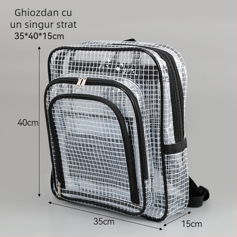 Rucsac pentru laptop PVC, model în carouri, impermeabil, curea cu pernă de aer, stil cyber