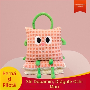 Pătură‑pernă cu broderie animale din desene, dual funcțional: pernă și pătură, material jacquard din lână de oaie, umplutură PP bumbac