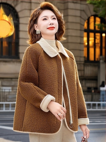 Palton de iarnă pentru femei, lână de miel cu căptușeală din fleece, material exterior poliester 90–95%, stil japonez-coreea casual