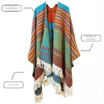 Șal mare în stil etnic — poliester, țesătură warp, imprimeu floral, vopsire tie-dye, accesoriu decorativ, pentru toate sezoanele