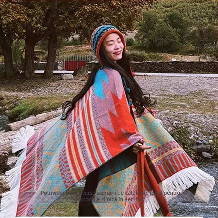 Șal mare în stil etnic — poliester, țesătură warp, imprimeu floral, vopsire tie-dye, accesoriu decorativ, pentru toate sezoanele