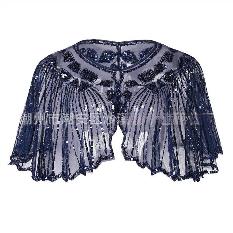 Rochie de seară pentru femei cu paiete retro, pelerină decupată și șal dantelat — poliester