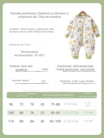 Sac de dormit pentru copii cu design cu picioare separate; material exterior și căptușire din bumbac 95%+; umplutură space cotton; mâneci detașabile; lavabil la mașină