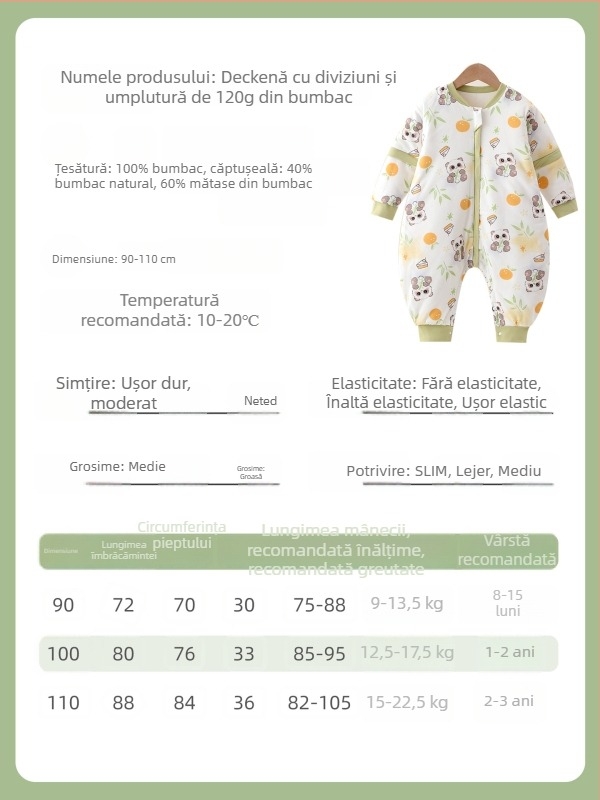 Sac de dormit pentru copii cu design cu picioare separate; material exterior și căptușire din bumbac 95%+; umplutură space cotton; mâneci detașabile; lavabil la mașină
