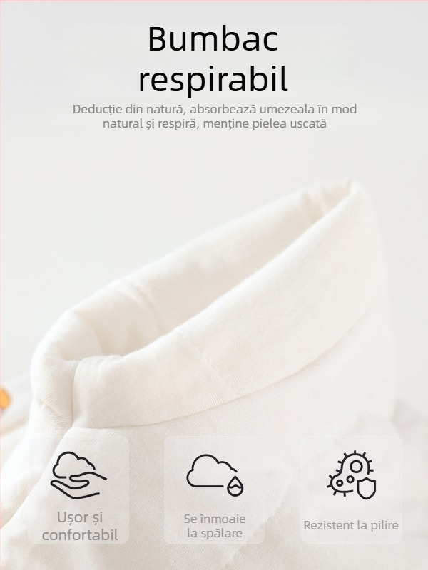 Sac de dormit pentru copii cu design cu picioare separate; material exterior și căptușire din bumbac 95%+; umplutură space cotton; mâneci detașabile; lavabil la mașină