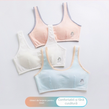 Sutien de antrenament din bumbac pentru fete 9–13 ani, cupe pline și cupe modelate subțiri, bretele fixe duble