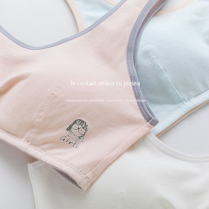 Sutien de antrenament din bumbac pentru fete 9–13 ani, cupe pline și cupe modelate subțiri, bretele fixe duble