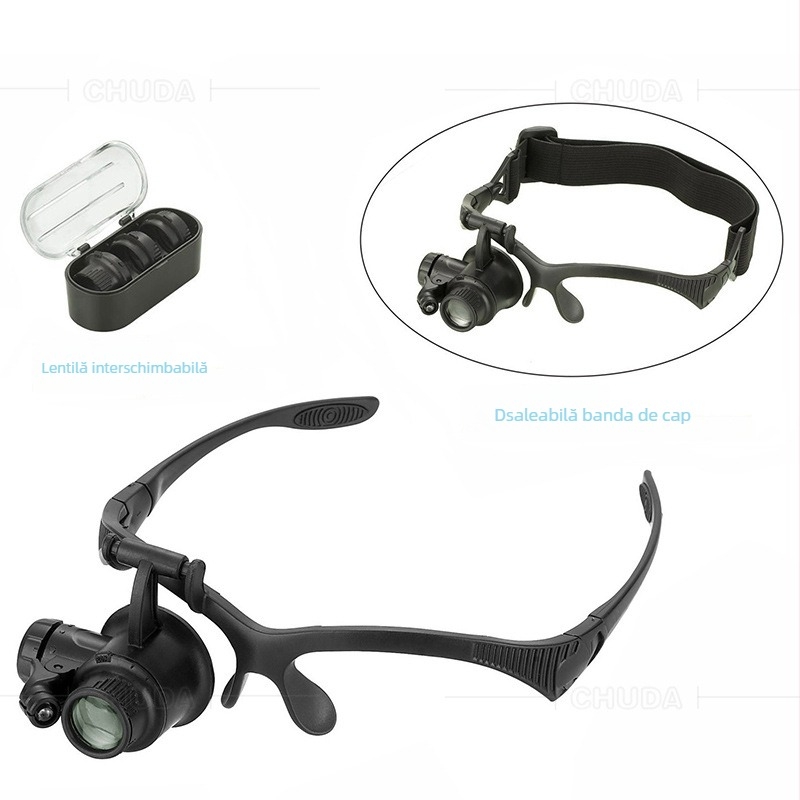 Lupă de cap cu iluminare LED, curea pentru cap și lentile interschimbabile, mărire 10x–25x, corp din plastic cu lentile acrilice, modelul 9892F