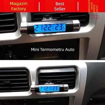 Ceas electronic pentru mașină și termometru cu măsurător de temperatură și umiditate, ecran LCD luminos și unghi reglabil