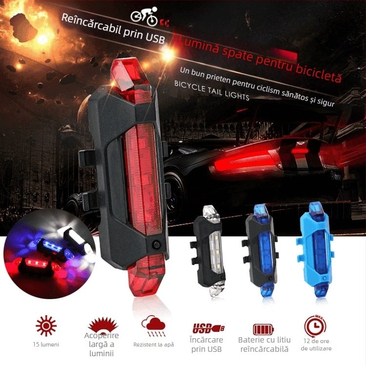 Lumină LED pentru spatele bicicletei – încărcabilă pentru plimbări nocturne, semnalizare pentru bicicletele de munte