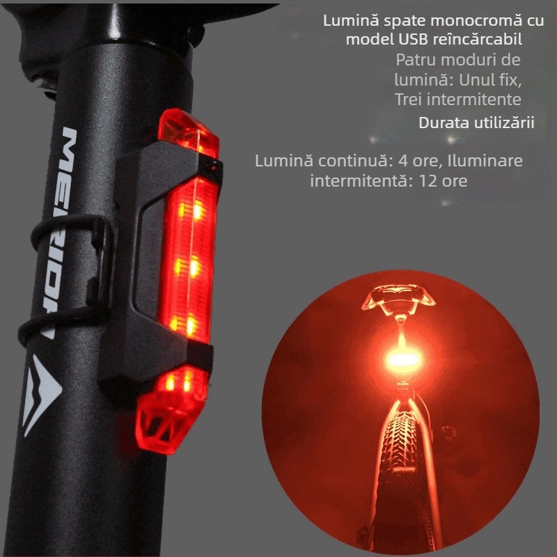Lumină LED pentru spatele bicicletei – încărcabilă pentru plimbări nocturne, semnalizare pentru bicicletele de munte