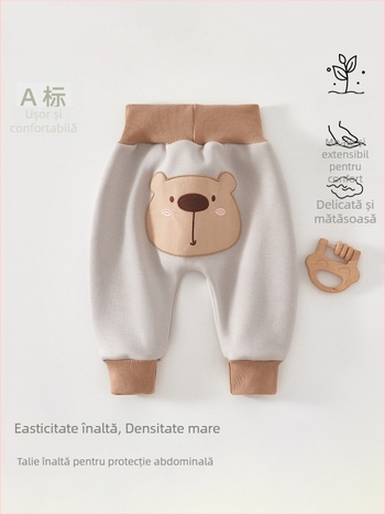 Pantaloni de somn pentru copii din bumbac scăldat, talie înaltă pentru protecția burții, căptușeală fleece, 94% bumbac + 6% spandex, primăvară-toamnă, vârsta 1–3 ani